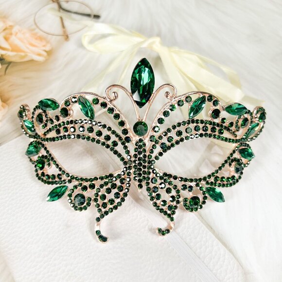 HANDMADE Accessories - Butterfly Green Masquerade Mask, Wedding Party Gold Eye Mask, Crystal Party Mask